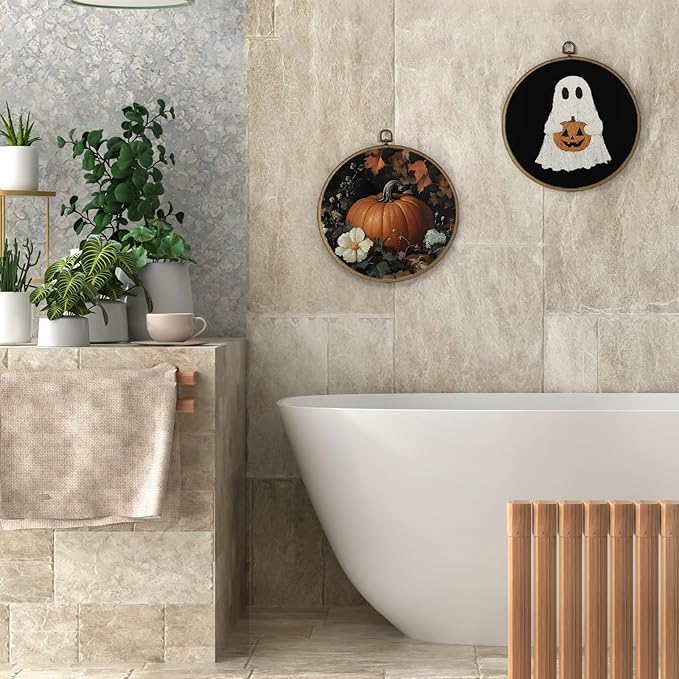 Gnmduw Fall Pumpkin Wall Art Framed, Pumpkin Wall Decor, Rustic Fall Thanksgiving Pumpkins Round Hanging Wall Decor, Halloween Pumpkin Canvas Prints Art for Cottage Core Living Room Bathroom,10x10 In