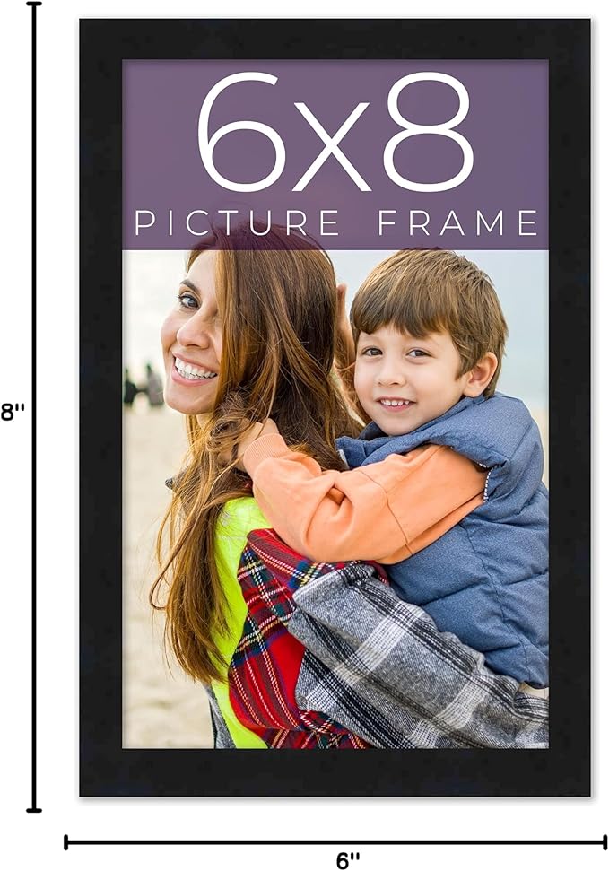 6x8 Frame Black Real Wood Picture Frame Width 0.75 Inches | Interior Frame Depth 0.5 Inches | Noir Classique Mid Century Photo Frame Complete with UV Acrylic, Foam Board Backing & Hanging Hardware