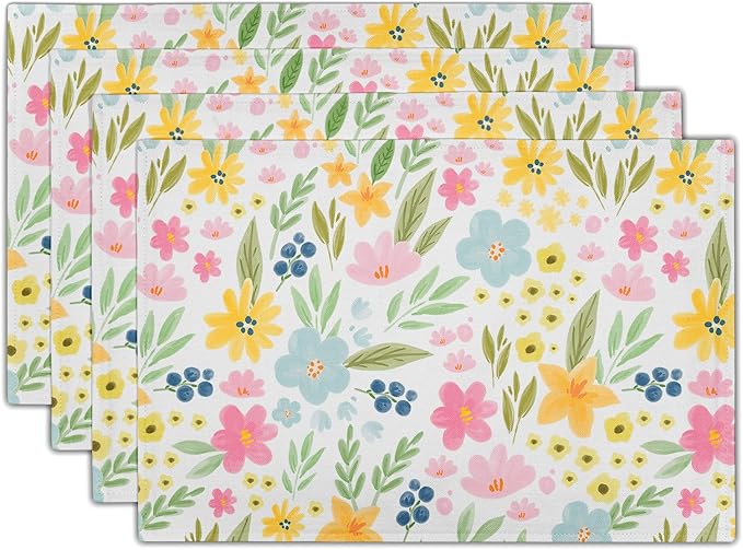 Cute Floral Placemats 12×18 Inches Set of 4 Spring Summer Seasonal Indoor Kitchen Dining Table Place Mats for Home Party Decoration