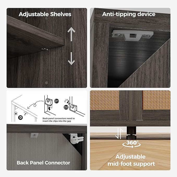 Rattan Buffet Cabinet with Storage, Sideboard with Doors, TV Stand, Farmhouse Side Board Coffee Bar, Modern Wood Storage Cabinets for Livingroom, Kitchen and Dining Room (Black)