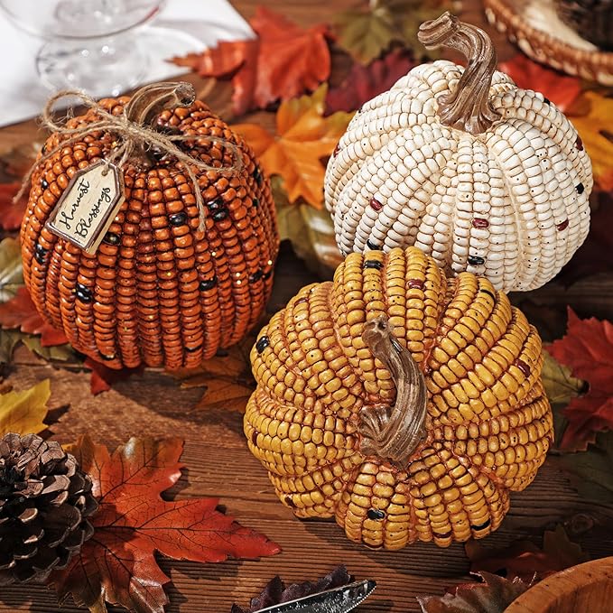 Briful 3PCS Fall Decorative Corn Pumpkin Set – Resin Harvest Pumpkins Fake Corn Pumpkins for Thanksgiving Table Centerpiece Autumn Tiered Tray Indoor Outdoor Fall Decoration