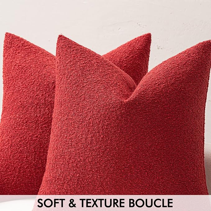MIULEE 22x22 Inch Decorative Euro Sham Throw Pillows for Bed Set of 2 Textured Boucle Neutral Throw Pillow Covers Red Accent Solid Euro Couch Pillowcase Cozy Soft Sofa Livingroom Home Decor