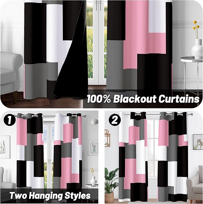 Pink 100% Blackout Curtains for Bedroom 63 inch Length 2 Panels Set Grey Modern Abstract Geometric Black Out Curtains Insulated Room Darkening Window Drapes for Girls Living Room, 42Wx63L