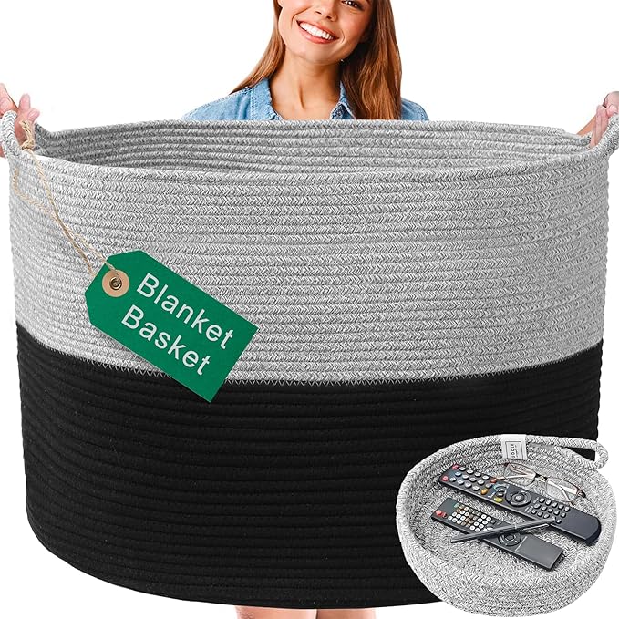 XXXXL WASHABLE 125L Extra Large Durable Soft Blanket Basket, Woven Decorative Cotton Rope Basket with Handles for Laundry, Living Room, Baby Toy Nursery Storage Organization Bin 24" x 17" (Black/Grey)