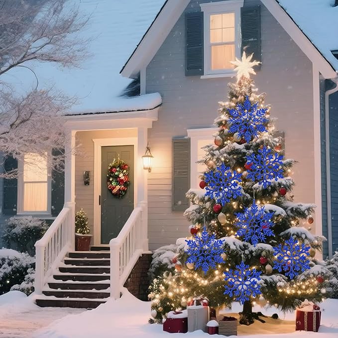 6pcs Large Navy Blue Snowflakes Ornaments 12" Big Plastic Glitter Snowflake for Winter Indoor Outdoor Christmas Tree Window Room Decorations Giant Craft Snowflakes