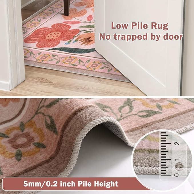 Beeiva Washable 6x9 Area Rugs for Bedroom, Floral Living Room Nursery Beige Rugs with Low Pile, Floral Ultra-Thin Non Slip Carpet for Bedroom Nursery Dorm Kids Room Décor (Beige,6'x9')