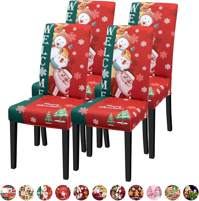 Christmas Chair Covers for Dining Chairs, Stretch Dining Covers, Dining Room Chair Covers Set of 4/6, Removable Washable Dining Chair Slipcovers for Home Hotel Banquet Holiday Decoration (25, 4pcs)