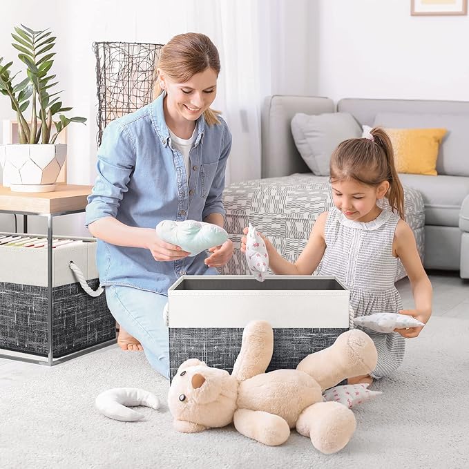 Fab totes Storage Bins [2-Pack], Foldable Storage Baskets for Organizing Toys, Books, Shelves, Closet, Large Storage Box with Rope Handles, Sturdy Organizer Bins, White & Black