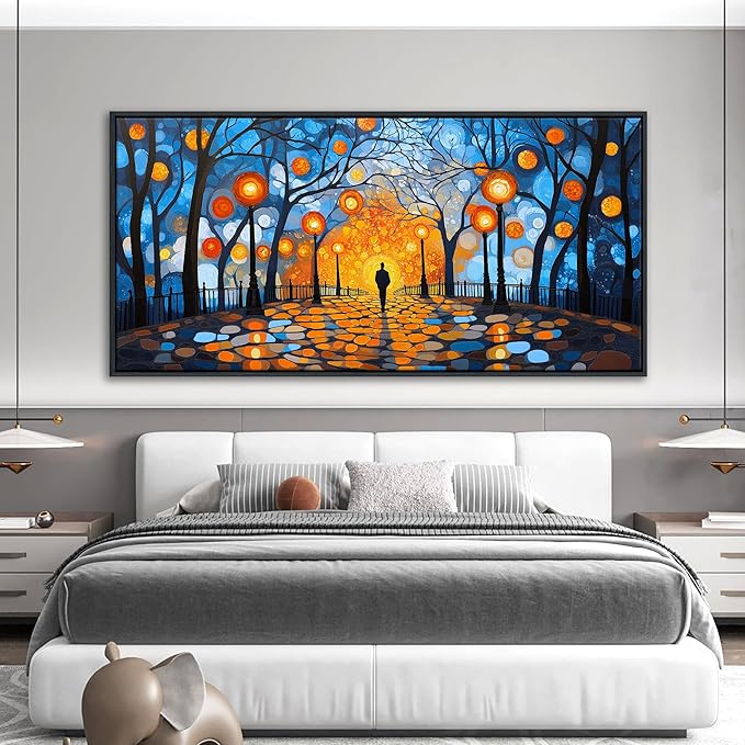 QZQCBLC Large Dark Blue Wall Art, Abstract Night Scene Wall Pictures Orange Light Black Trees Landscape Framed Canvas Paintings Artwork for Living room Bedroom kitchen Home Office Decor 29x58 IN
