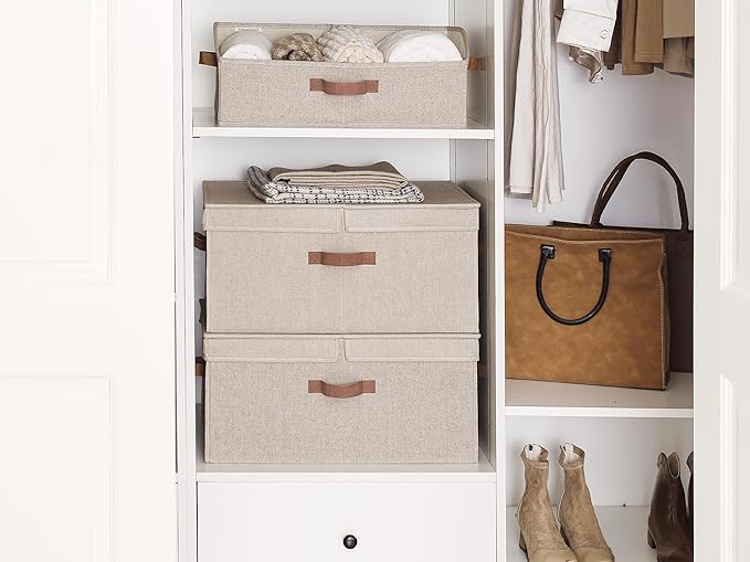 StorageWorks Extra Large Storage Bins with Lids, 55L Decorative Organizer with Divider Board, Fabric Boxes with Handles, Mixing of Brown & Beige, 2-Pack