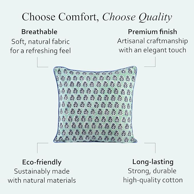 CPC 100% Cotton Throw Pillow Covers 20x20 Inch, Set of 2 Blue Block Print Pattern Couch Pillow, Cute Boho Decorative Pillows for Living Room, Bedroom with Hidden Zipper- Poppy Blue