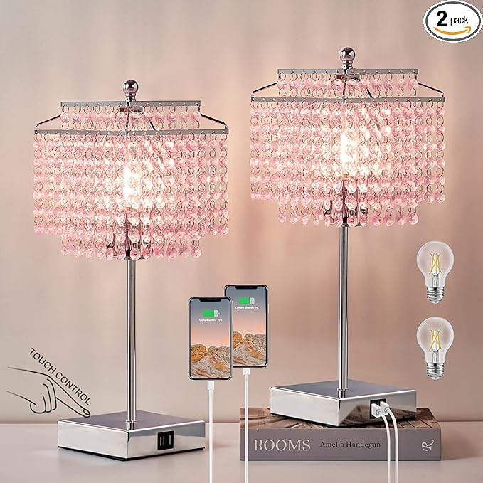 Luvkczc Set of 2 Bedside Pink Crystal Table Lamp, Touch Control Crystal Lamp, 3-Way Dimmable Lamp for Bedroom, Girl Living Room, 6W B11 Bulb Included
