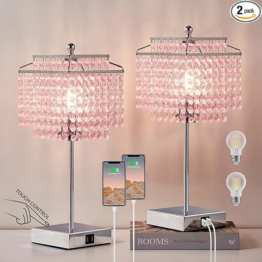 Luvkczc Set of 2 Bedside Pink Crystal Table Lamp, Touch Control Crystal Lamp, 3-Way Dimmable Lamp for Bedroom, Girl Living Room, 6W B11 Bulb Included