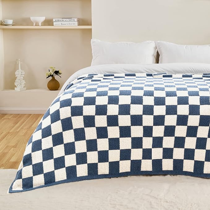 CozeCube Checkered Blanket, Ultra Soft Cozy Blue and White Throw Blanket, Warm Cozy Knit Fuzzy Plush Checkerboard Throw for Couch Bed Sofa, 50"x60"
