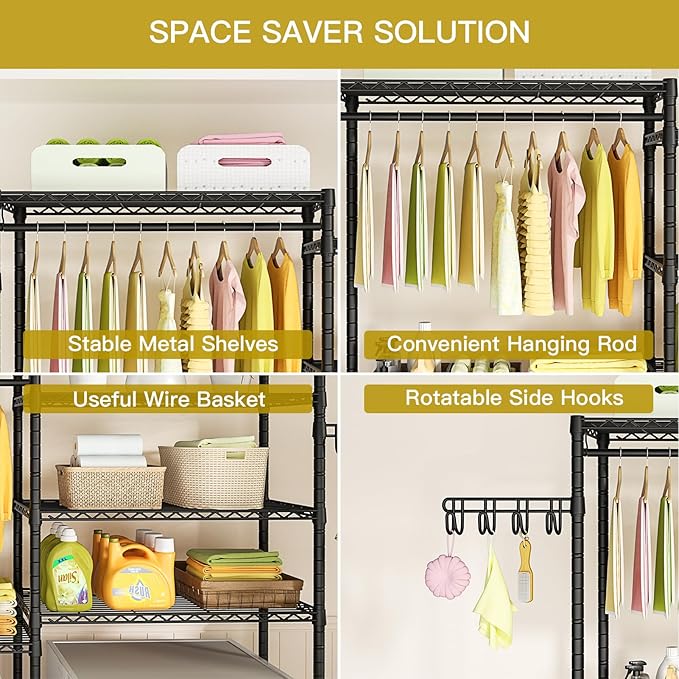Ulif U5 Over the Washer and Dryer Storage Shelf, Laundry Room Space Saver Bathroom Storage and Organizer Rack for Hanging Towels and Drying Clothes with 5 Wire Shelves, 58.2"W x 13.4"D x 77.5"H, Black