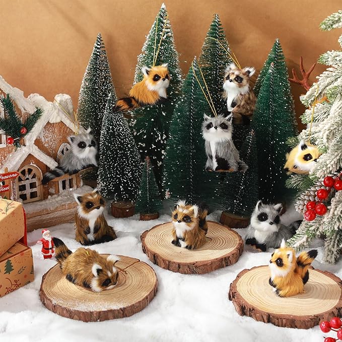 Skylety 10 Pieces Forest Animals Ornaments Woodland Animal Faux Fur Plush Hanging Ornaments Family Educational Playset for Fall, Christmas, Winter Birthday Party Supplies(Raccoon)