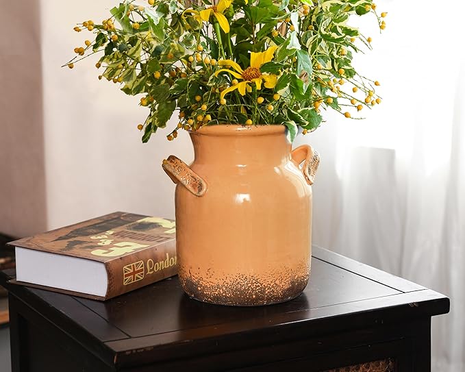 Quoowiit Ceramic Rustic Farmhouse Vase, Distressed Decorative Flower Vases for Home Decor, Ideal Shelf Decor, Yellow Boho Vase for Living Room Bedroom Kitchen Office Centerpiece Table Decorations