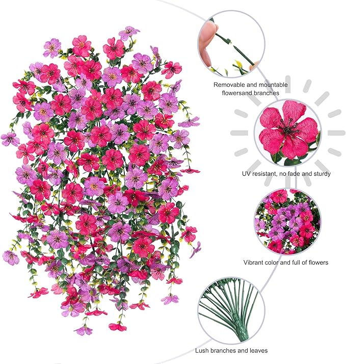 HyeFlora Artificial Flowers for Outdoors Fake Hanging Decoration, 2Pcs Purple and Hotpink Spring Decor, Realistic Plants, UV & Fading Resistant Silk Flower for Porch Patio Balcony Planter Yard