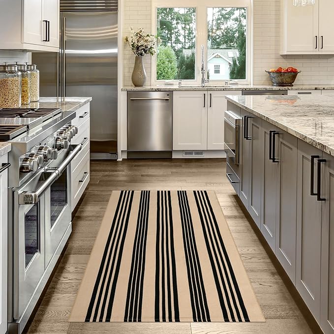 OJIA Fall Outdoor Rug 3'x5', Black and Tan Area Rug Machine Washable Rugs Cotton Hand Woven Entry Rug Indoor Outdoor Striped Carpet for Front Porch/Deck/Backyard/Camping/Living Room