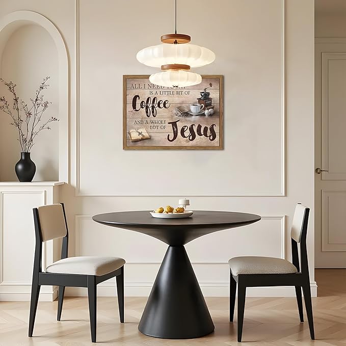 Wood Framed Christian Kitchen Wall Art, All I Need Today Coffee & Jesus Canvas Wall Decor Paintings, Coffee Motivational Posters Prints Pictures for Kitchen Bedroom Dining Room 16x24 Inch