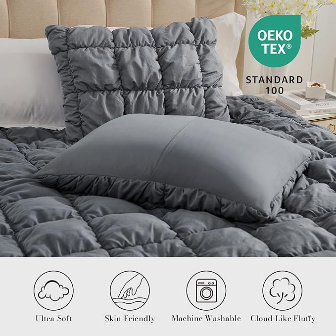 Amelie Home Grey Bubble Comforter Set King Size, 3 Pieces Ultra Soft Cozy Bedding Set for All Seasons, Farmhouse Luxury Gift for Women Home Decor, 106 x 90 inches
