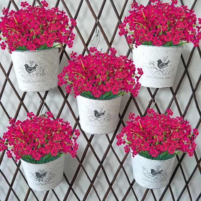 Lnoicy 12 Pcs Artificial Flowers for Outdoor,Plastic Flowers Decoration, UV Resistant Faux Flowers Shrubs, Artificial Plants for Indoor Outside Garden Home Wedding Farmhouse（Rose Red）