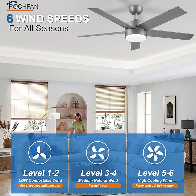 52 inch Ceiling Fans with Lights and Remote Control Silver, Modern Ceiling Fan Dimmable 3 CCT Temperatures 6-Speed, Quiet LED Ceiling Fan for Bedroom, Living Room
