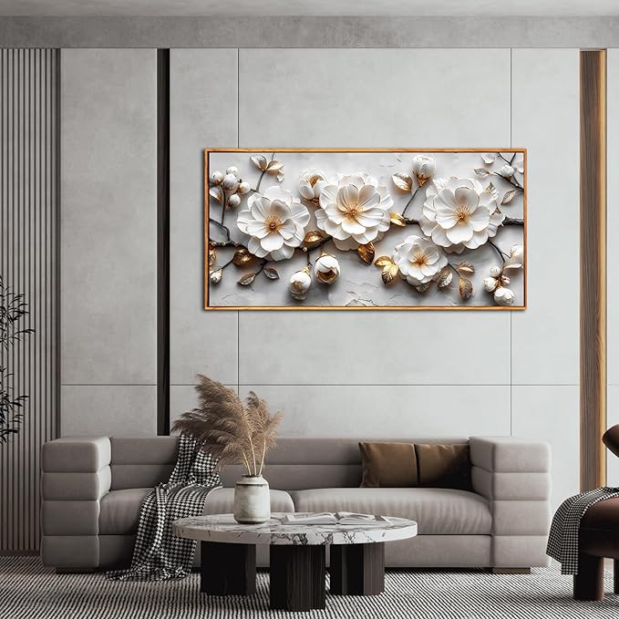 Ouzzlie Floral Wall Decorations White Pictures Modern Framed Poster Wall Art Gold Wall Decor Big Artwork 29"x 59"