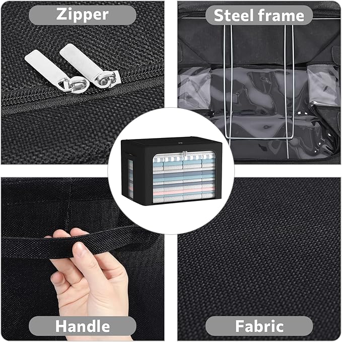 2 Pack Clothes Storage Bins Foldable Metal Frame Storage Box Linen Fabric Organizer Set with Carrying Handles and Clear Window (Black, 15.7x 11.8x 7.8Inch)