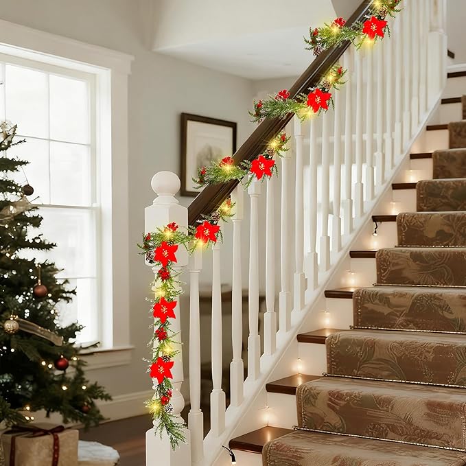 DR.DUDU 9 FT Pre-lit Artificial Christmas Garland with 30 LED Lights, Battery Powered with Pine Cones, Red Berries, Pine Needles, Lighted Christmas Wreath for Holiday Party, Xmas Tree Decorations