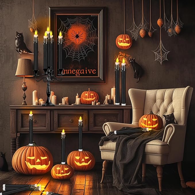 Flameless Taper Candles 10.6" Dripless Battery Operated Taper Candles Included Remote Timer 400+ Hours by 2AA Batteries for Halloween Christmas Wedding (Black+White, 12 Pack)