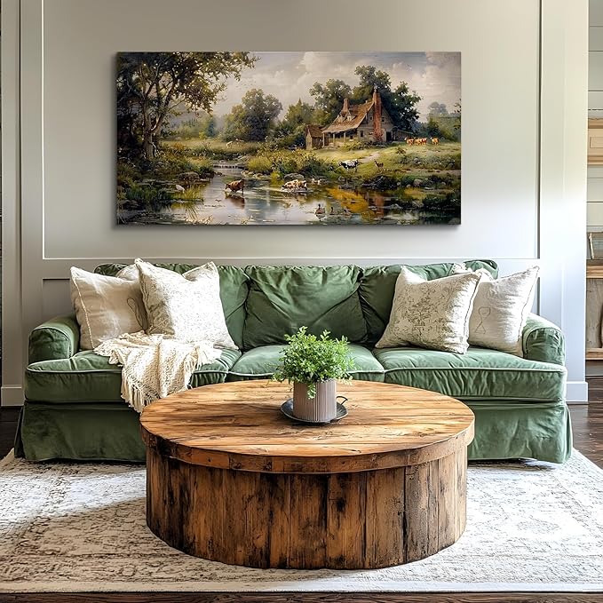 crmotu Large Wall Art for Living Room, Farm Landscape Canvas Painting, Riverside Forest Cottage Scenery Art Prints, Animal Cow Sheep Modern Farmhouse Bedroom Bathroom Pictures Wall Decor 30"X60"