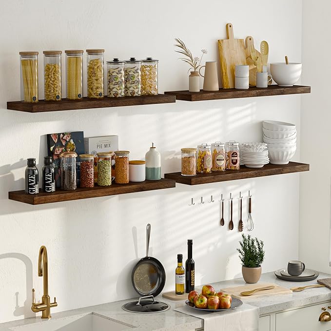 Fun Memories Floating Shelves for Wall, Rustic Solid Elm Wood Floating Shelf Wall Mounted, Wall Shelves with Invisible Bracket for Living Room Kitchen, 32 Inch Set of 2, Wanlut