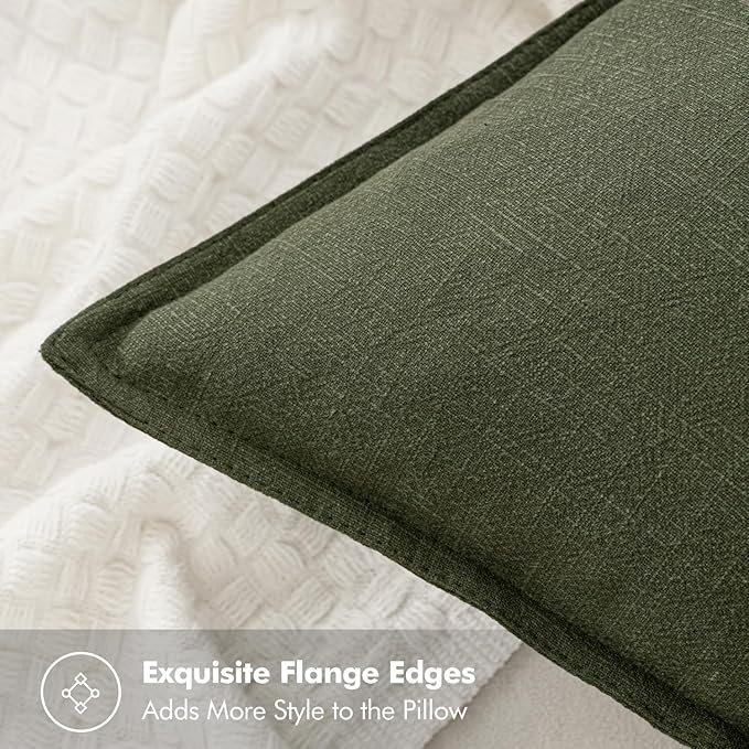 MIULEE Decorative Linen Euro Sham Pillow Covers 22x22 Inch Dark Olive Green Boho Farmhouse Neutral Couch Throw Pillows for Bed Pack of 2 Accent Modern Pillowcase Sofa Livingroom Home Decor