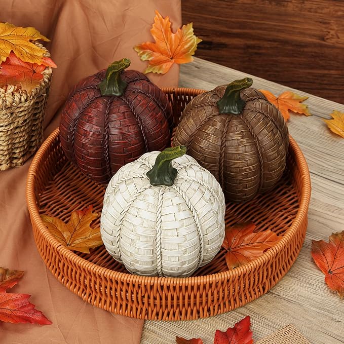 Oairse 6 Inch Large Artificial Pumpkins, 3 Pcs Fall Pumpkin Decor Beige Dark Red Brown Faux Resin Pumpkins Woven Pumpkin Centerpiece for Rustic Farmhouse Fall Thanksgiving Autumn Harvest Table Decor