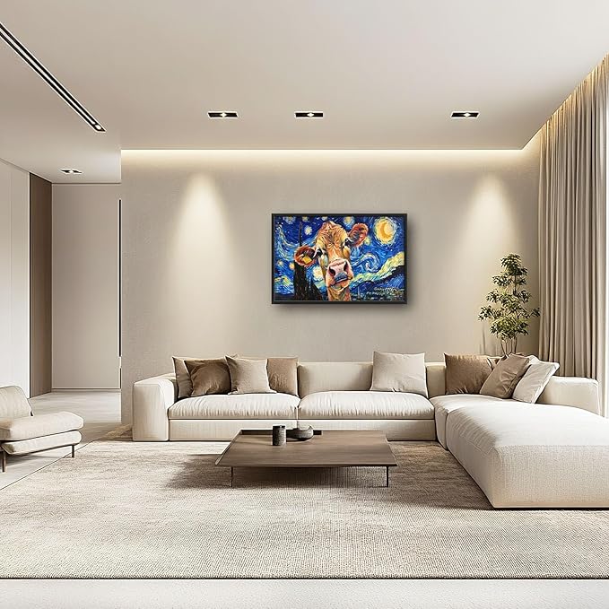 Flintis Large Cow Wall Art Starry Sky Night Cow Pictures Wall Decor Abstract Animal Canvas Painting Print Artworks Decorations Framed for Living Room Bathroom Master Bedroom Office 36L x 24W