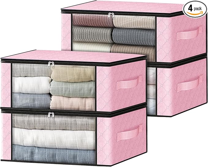HomeHacks Storage 4-Pack Clothes Organizer Storage Bags Foldable Storage Box with Large Clear Window Sturdy Handles for Closet, Dorm, Pillows, Bedding, Clothes, Blankets, 35L, Pink