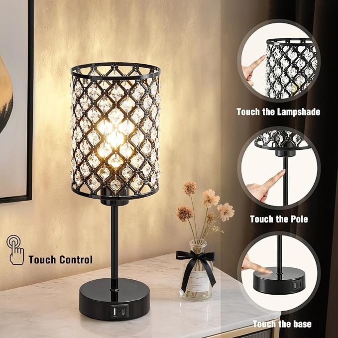 Touch Control Table Lamp, Black Crystal Table Lamps Set of 2 with 2 USB Charging Ports, 3-Way Dimmable Bedside Nightstand Lamps for Living Room, Bedroom, Guest Room, Bulbs Included