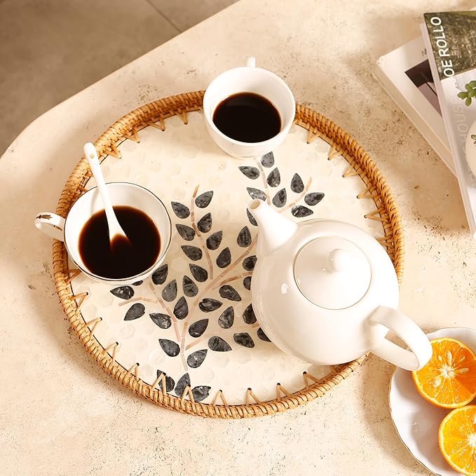 Round Rattan Tray with Mother of Pearl Inlay & Wooden Base - Decorative Wicker Serving Tray for Coffee/Bread/Fruits, Food Storage & Display - Multipurpose Home Decor (M,Little Tree)