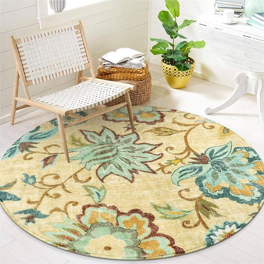 Lahome Floral Small Circle Rug, 3Ft Round, Washable Non-Slip Throw, Soft Boho, Beige Paisley Print, Indoor Area Rug for Kitchen, Bedroom, Nursery, Kids