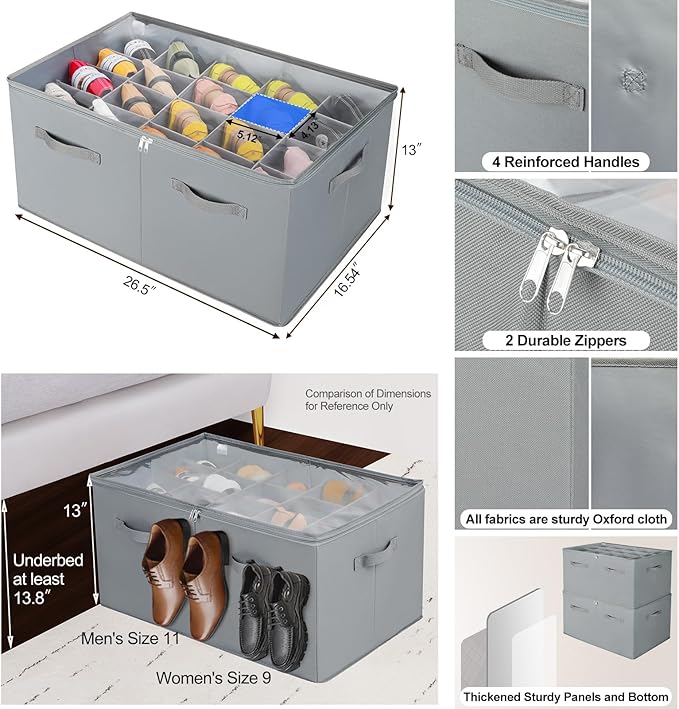 Shoe Organizer for Closet 2 Pack, Foldable Shoe Box with Adjustable Dividers and Clear Cover, Space Saving Shoe Storage Organizer Cabinet with Reinforced Handles, Fits 40 Pairs, Gray, TP11G