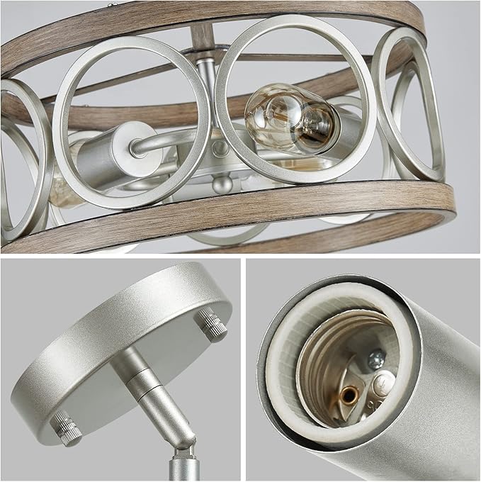 XINGQI 13" Modern 3-Light Brushed Nickel Rustic Semi Flush Mount Ceiling Light Fixture Wood Grain Metal Round Lamp for Kitchen Dining Room Bedroom Entryway