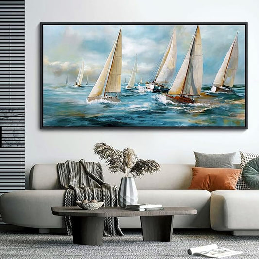 YDYSUNE Sailboat Wall Art - Blue Canvas Abstract Painting Textured Picture Artwork Vintage Nautical Large Painting Coastal Modern Print Frame for Living Room Bedroom Home 29x58inch