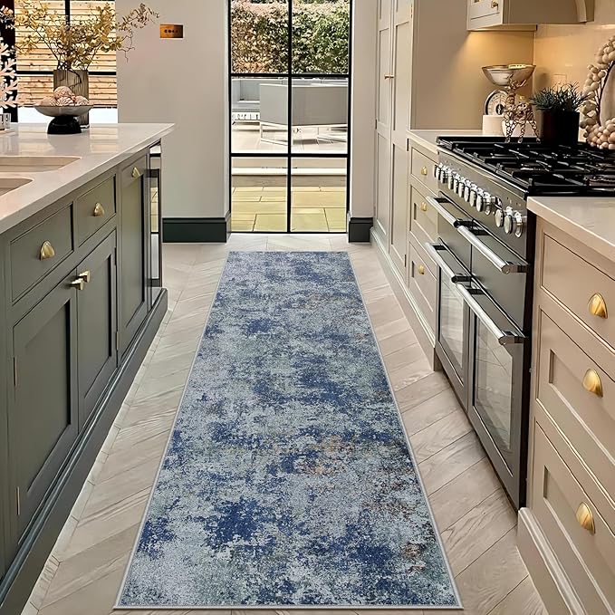 Runner Rug 2'6''x8' Washable Rugs: Machine Washable Hallway Runner Rug with Non Slip Backing Non Shedding Abstract Stain Resistant Carpet for Kitchen Entryway Laundry Bedroom - Blue