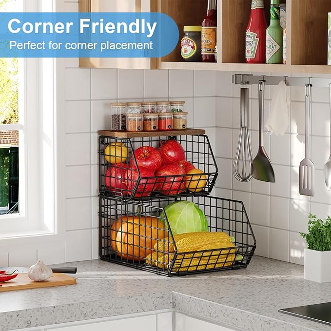 X-cosrack 2-Tier Stackable Wire Baskets with Wood Lids, Fruit Basket for Kitchen Counter, Wall-mounted Baskets for Potato and Onion Storage, Metal Baskets for Snack Produce Cans