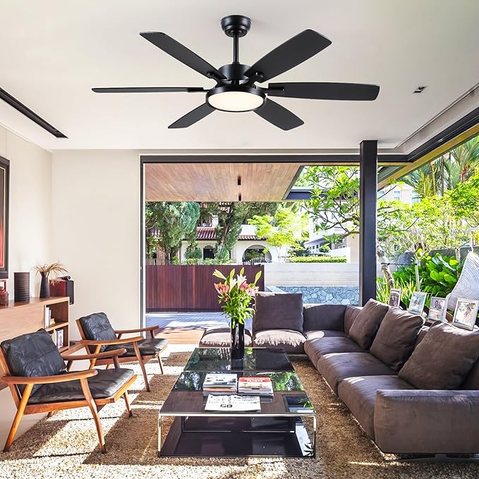 Ceiling Fan with Light,52“ Ceiling Fans with Light and Remote/APP for Bedroom with DC Motor, 6-Blade,3CCT,Surper Bright Dimmable LED Flush Mount Ceiling Fan for Kitchen Patio Use,Indoor/Outdoor Black