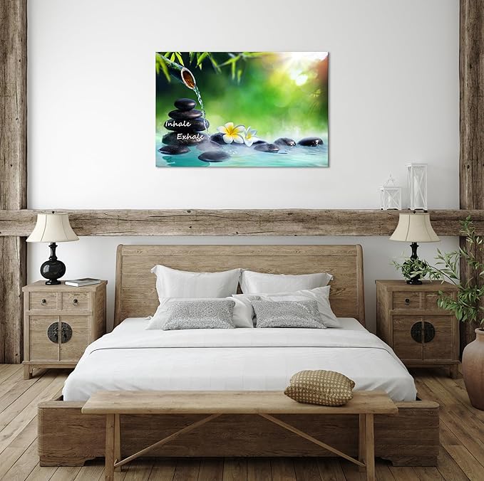 YIOZHAOFH Spa Canvas Print Art Nature Zen Painting Relaxing Bathroom Wall Art Decor White Lotus Pictures Framed Artwork Inhale Exhale Poster Office Decor for Spa Room Bedroom (12L x 16W)