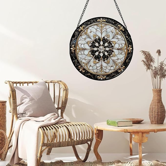 Stained Glass Window Hanging, Black and White Gold Boho Pattern Suncatcher for Doors Window Home Abstract Flower Sun Catchers Decor Mother's Day Birthday Gifts for Women, Men Mom 7.8 in