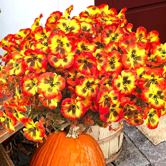 12 Bundles Artificial Flowers Outdoor Fake Fall Flowers for Outside Decoration UV Resistant Plastic Faux Plants for Garden Window Porch Balcony Fall Wedding Thanksgiving Decor