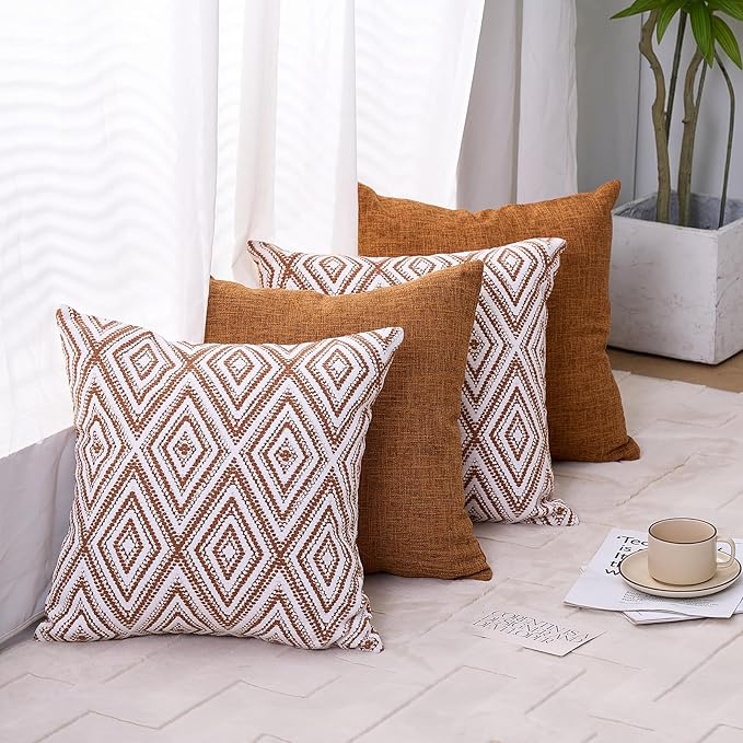 HPUK Decorative Throw Pillow Covers Set of 4 Geometric Design Linen Cushion Cover for Couch Sofa Living Room, 18"x18" inches, Golden Brown